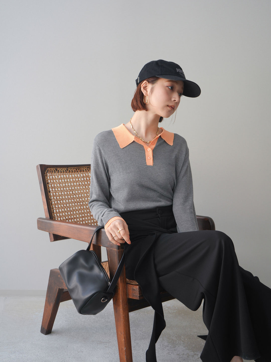 [SET]配色デザインシアーポロニット+ラッフルベルトワイドパンツ(2set)