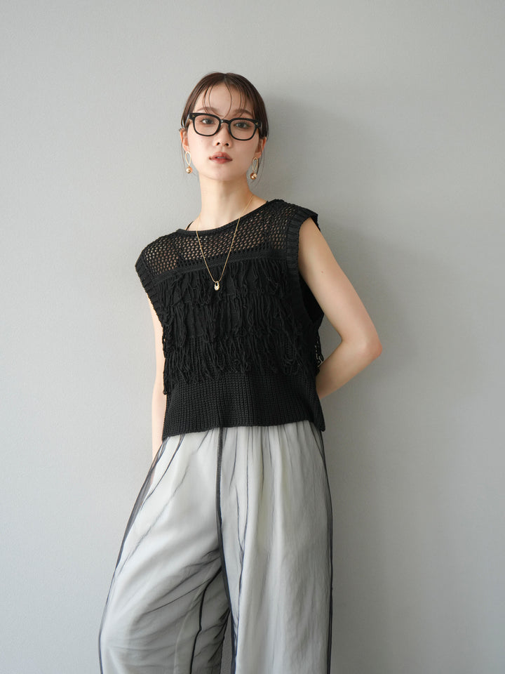 [SET]透かし編みフリンジニットトップス+コード刺繍チュールレイヤードパンツ(2set)