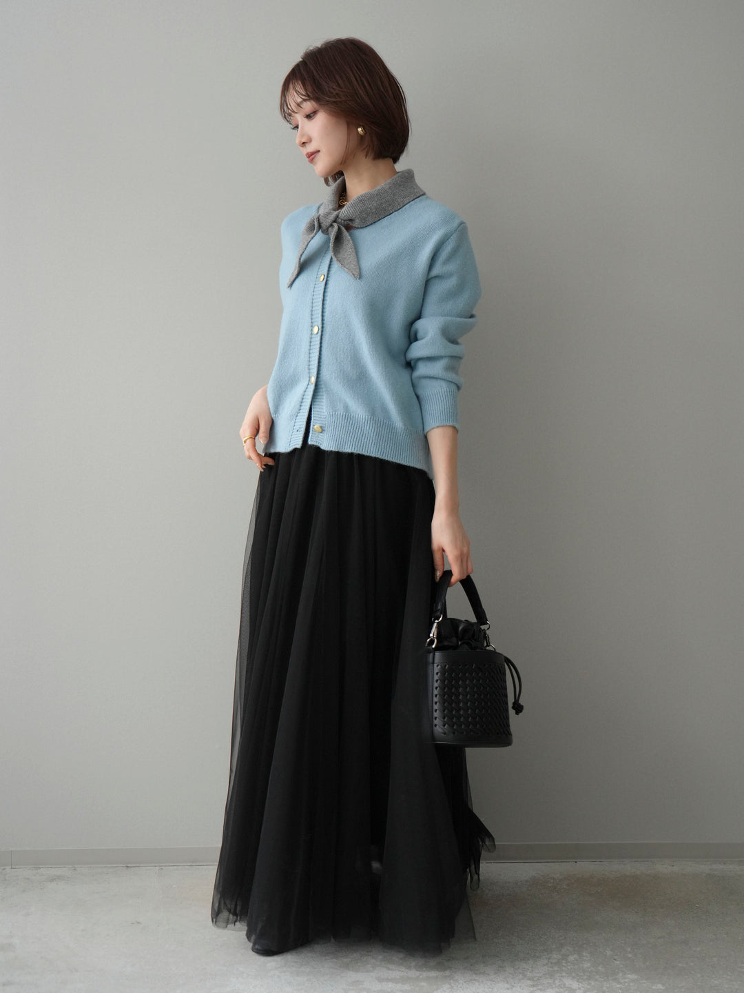 [SET]デザイン襟ニットカーディガン+チュールボリュームスカート(2set)
