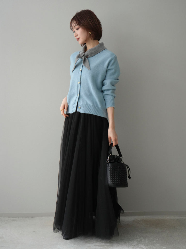 [SET]デザイン襟ニットカーディガン+チュールボリュームスカート(2set)