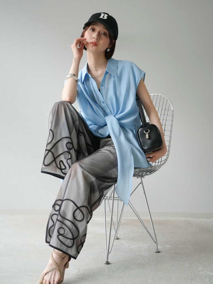 [SET] 前繫帶透視上衣 + 水彩藝術休閒褲 (2 件組)