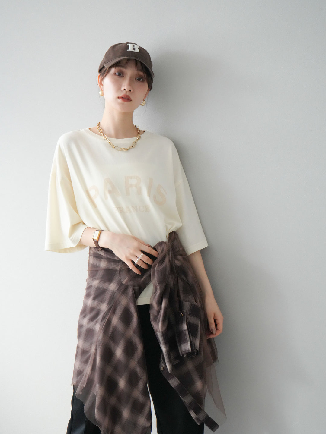 [SET]ピグメントロゴプリントTシャツ+2WAYデザインスウェットパンツ+チュールドッキングチェック柄オーバーサイズシャツ(3set)