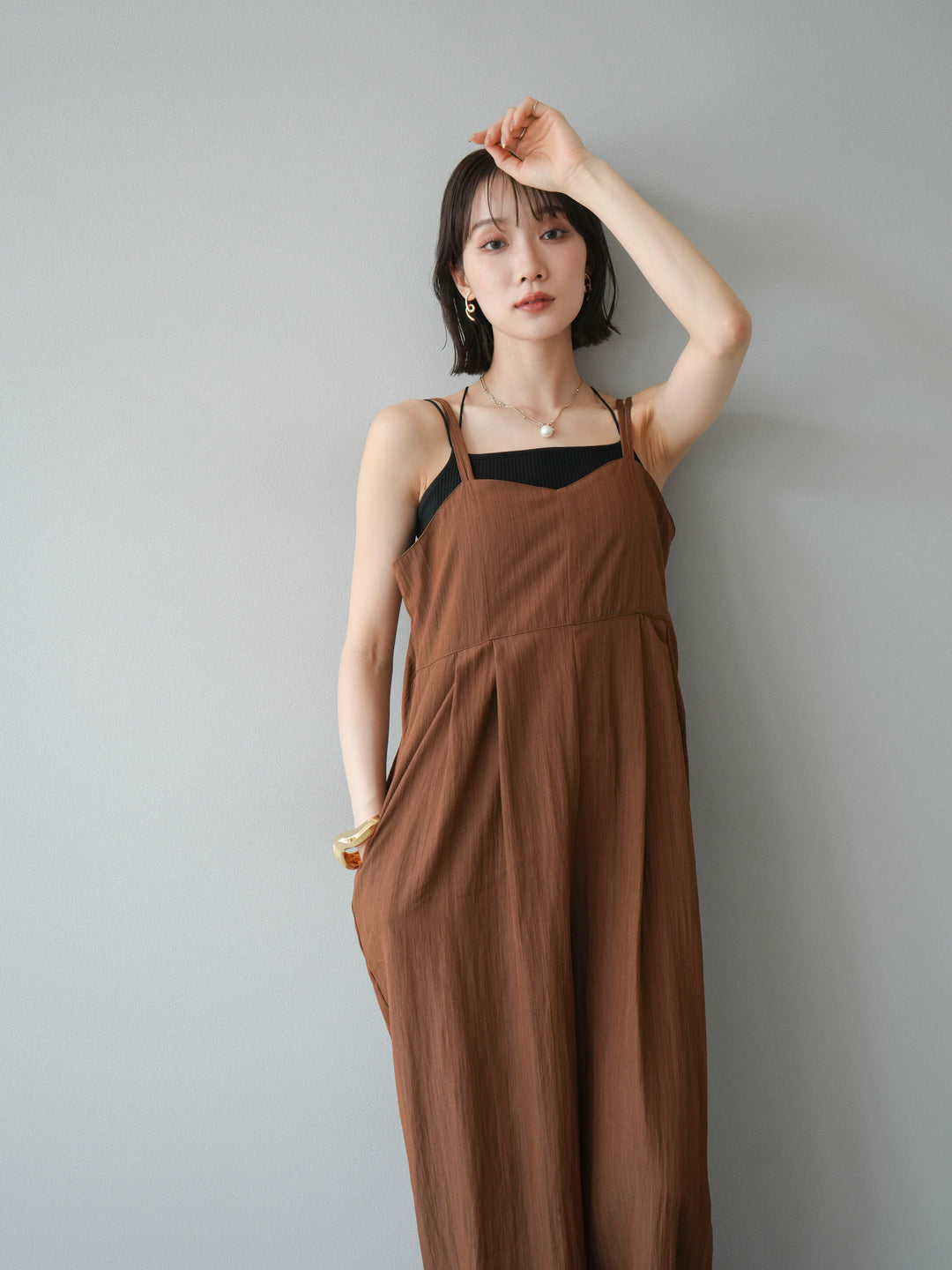 [SET]リネンライクビスチェデザインサロペット+ダブルストラップカットリブブラキャミソール(2set)