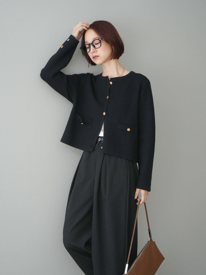 [SET]ゴールドボタンノーカラーニットジャケット+サテンベルトタックワイドパンツ(2set)