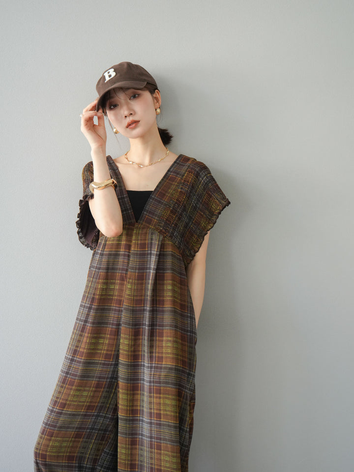 [套裝] 透視格紋褶皺背帶褲 + 配件套裝（2 套）