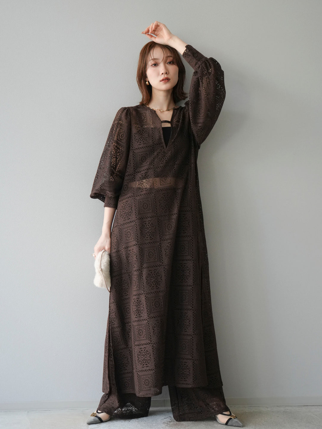 【套裝】塊蕾絲捲袖洋裝+塊蕾絲寬褲（2套）