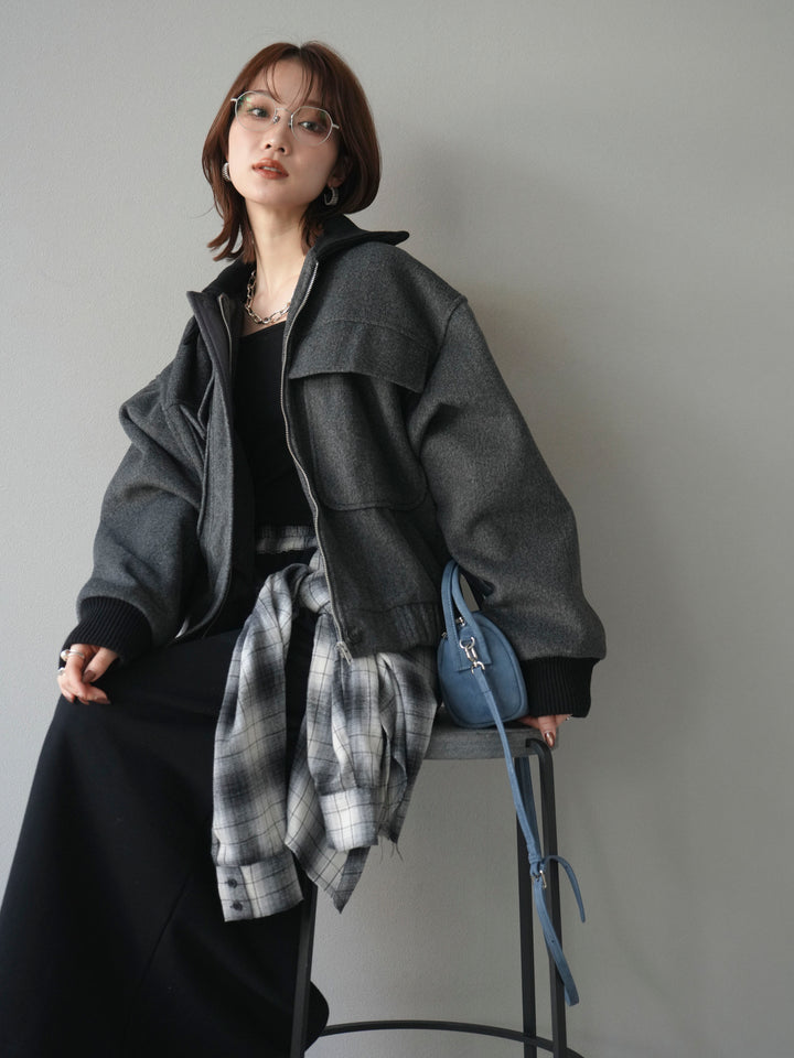 [予約]ウールタッチ襟リブステンカラーショートコート/charcoal