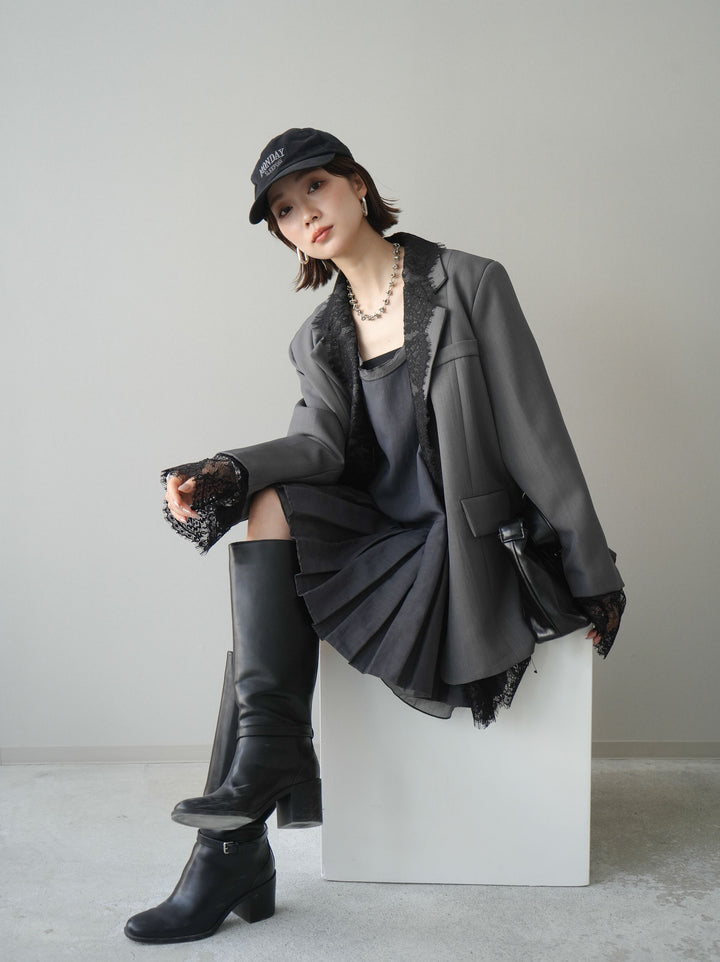 [予約]チュールドッキング裾プリーツミニワンピース/charcoal