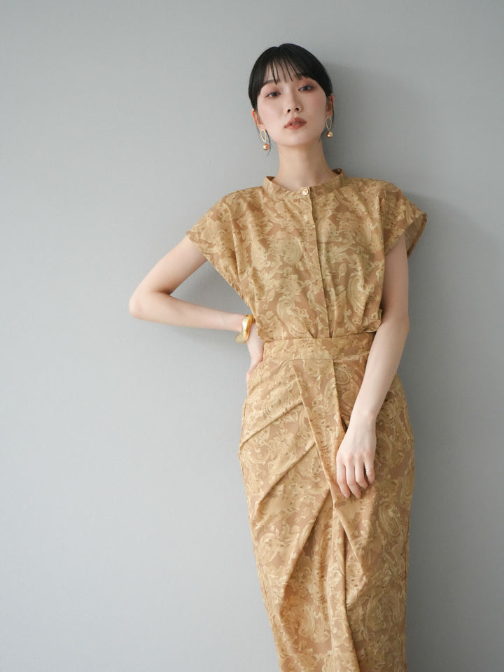 [SET]ペイズリープリントゴールドボタンブラウス+ペイズリープリントタックIラインスカート(2set)