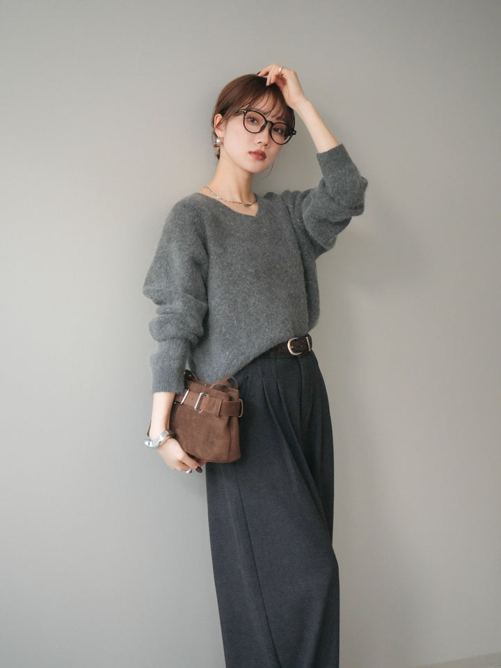 [SET]シュシュ付きアンゴラタッチVネックニットプルオーバー+選べるアクセセット(2set)