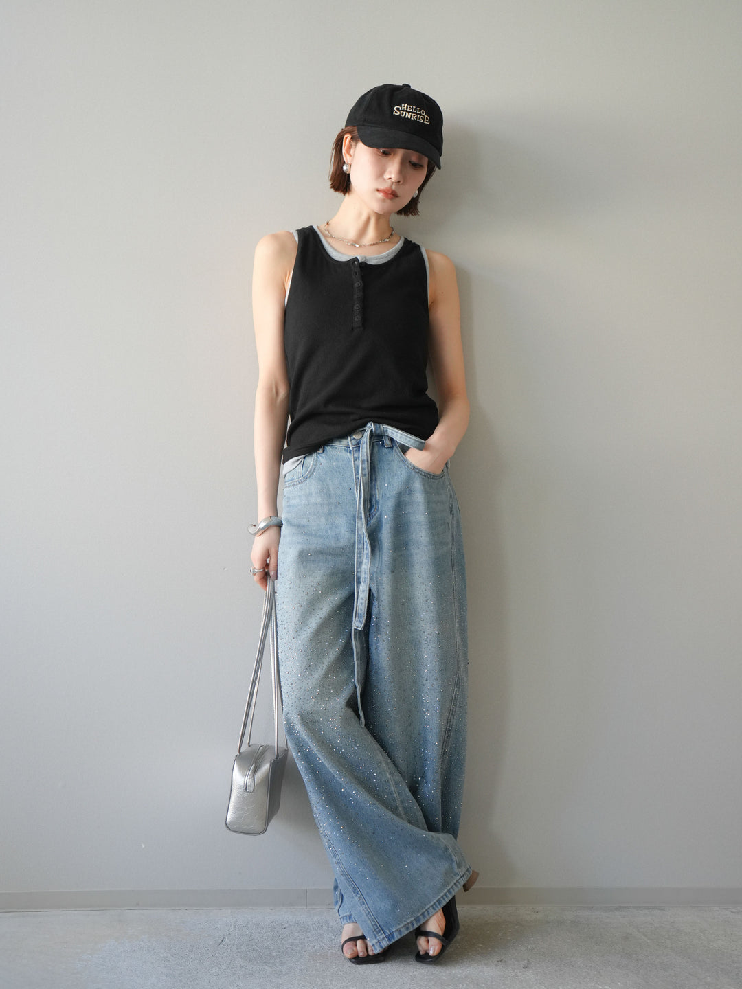 [SET]配色リブヘンリータンクトップ+ウエストベルトビジューワイドデニムパンツ(2set)