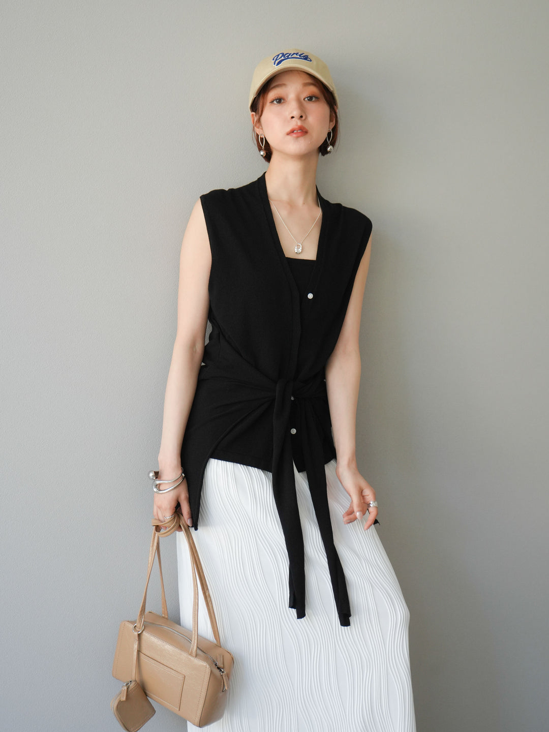 [SET]腰巻きデザインノースリーブニットカーディガン+ウェーブパイピングタイトスカート(2set)