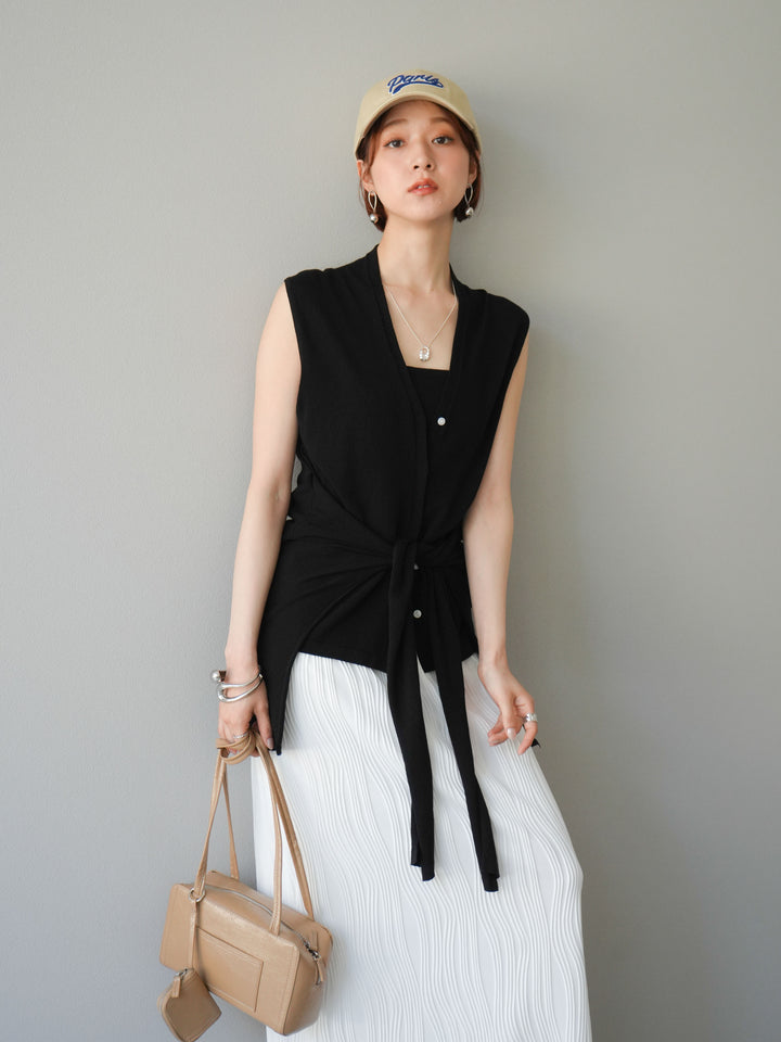 [SET]腰巻きデザインノースリーブニットカーディガン+ウェーブパイピングタイトスカート(2set)