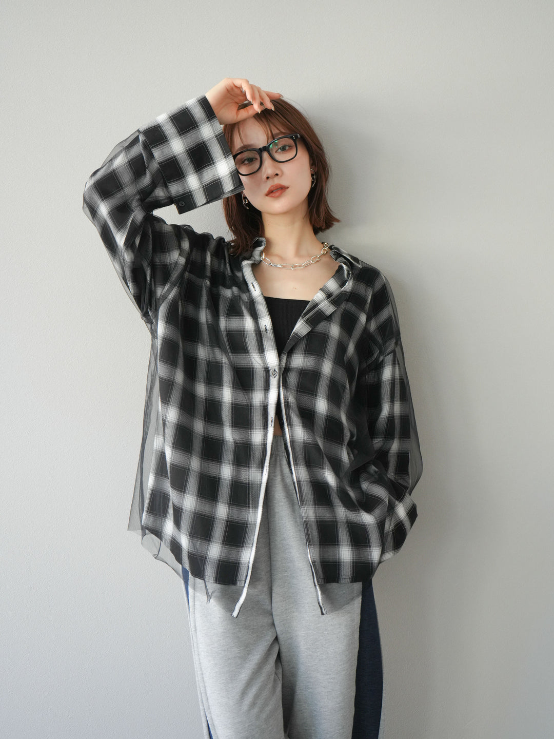 [套裝] 薄紗對接格紋寬鬆襯衫 + 牛仔布 Switch 2-Way 設計運動褲 (2 套)