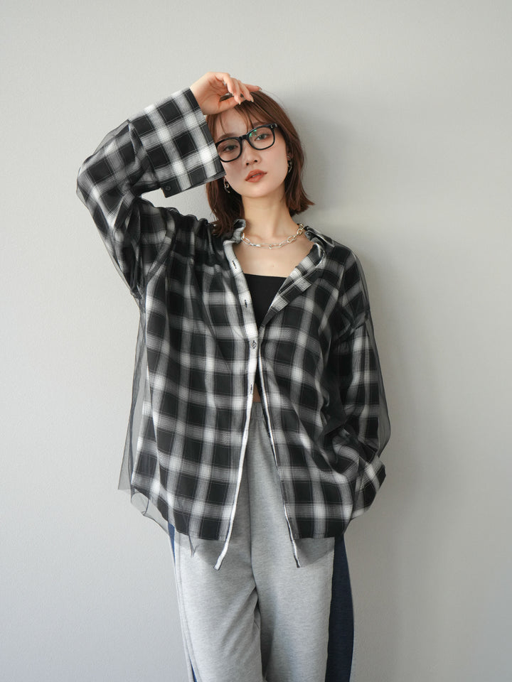 [套裝] 薄紗對接格紋寬鬆襯衫 + 牛仔布 Switch 2-Way 設計運動褲 (2 套)