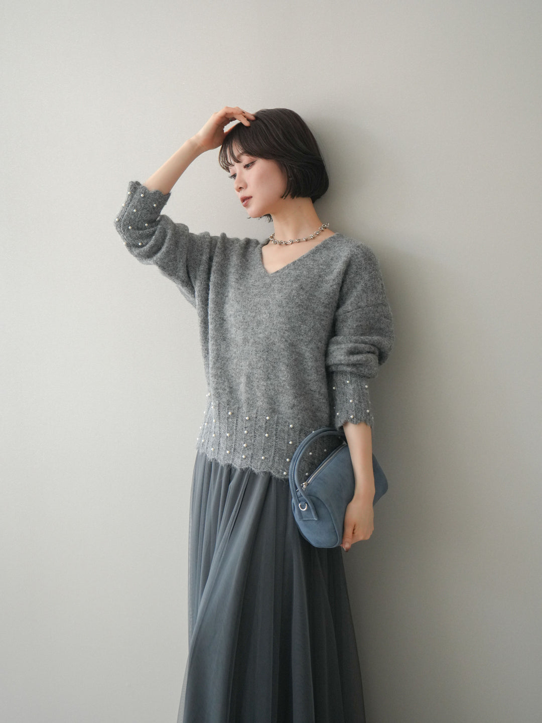 [SET]パールフリルリブヘムニットプルオーバー+選べるアクセセット(2set)