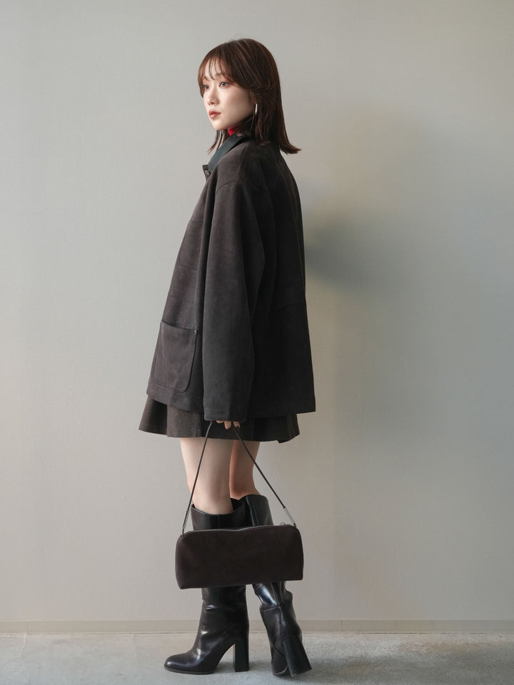 [SET]襟レザーステンカラースエードジャケット+ベルト付きタックミニスカート(2set)