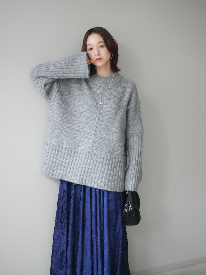 [SET]編み地切替ボトルネックニットプルオーバー+アンティーク柄フロッキーマキシスカート(2set)