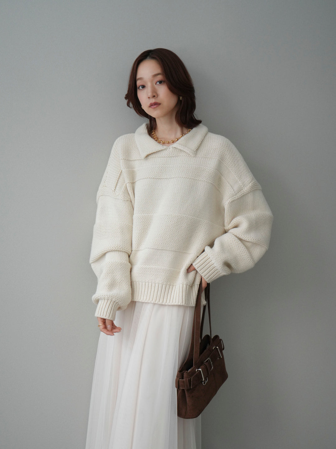 [SET]襟付きボーダー編みニットプルオーバー+チュールボリュームスカート(2set)