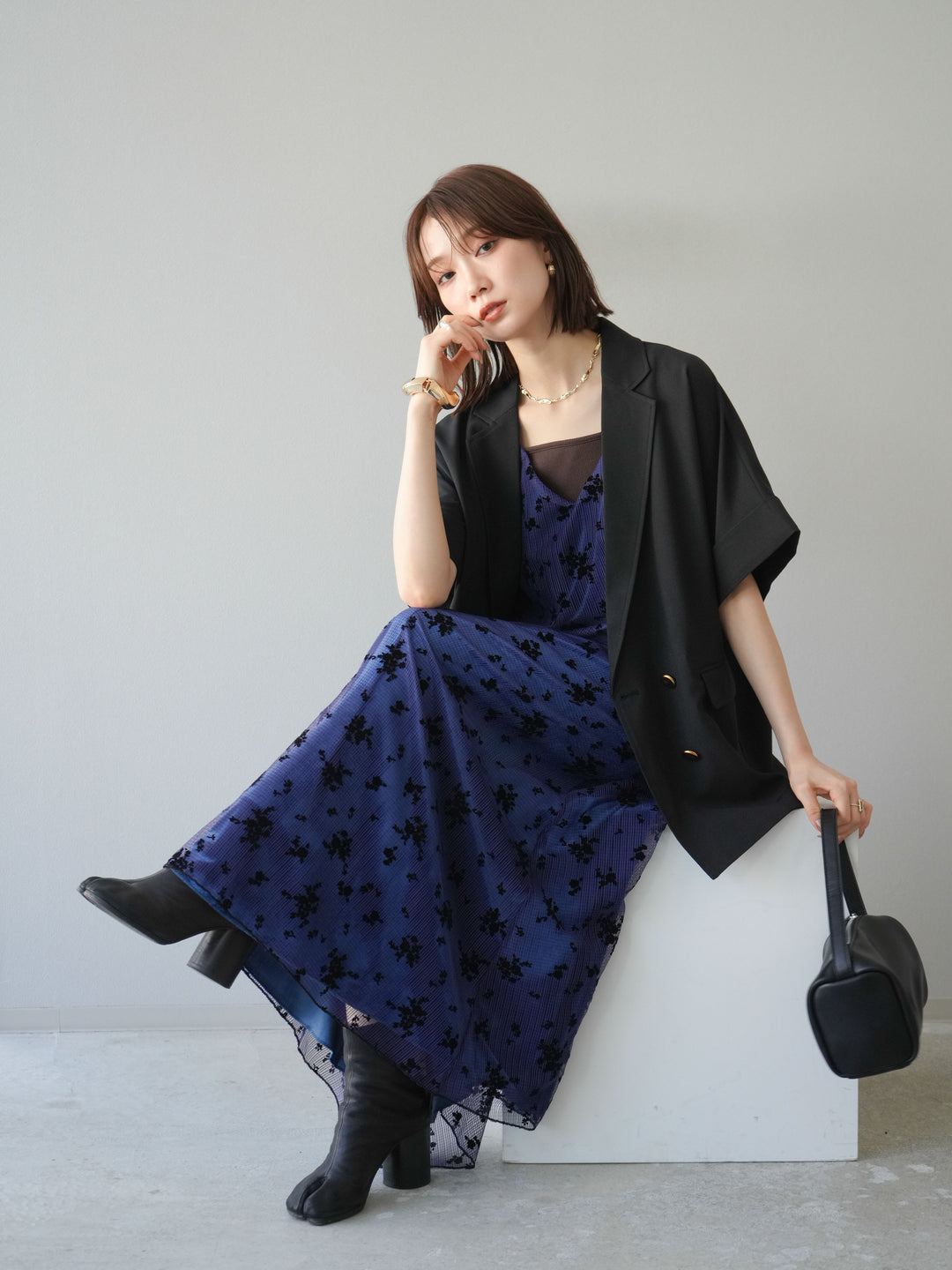 [套裝] 植絨薄紗層疊天鵝絨吊帶連身裙 + 金色紐帶半夾克 (2 套)