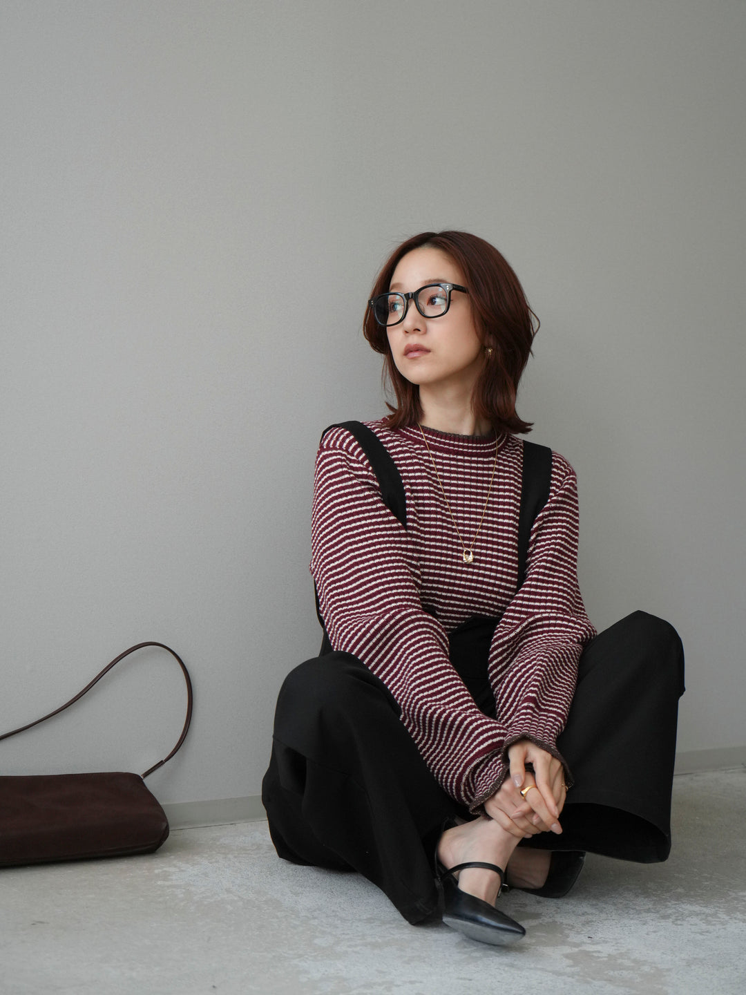 [SET]ラメ異素材ボーダーリブニットプルオーバー+ゴールドボタンサスペンダーワイドパンツ(2set)