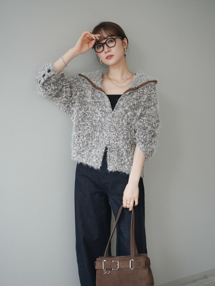 [予約]ミックスシャギージップニットカーディガン/brown