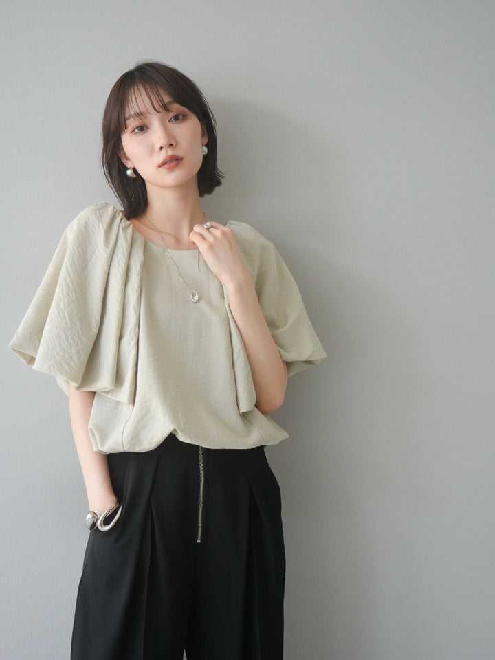 [SET] 燈籠袖褶襉設計上衣 + 拉鍊褶襉寬褲 (2 套)