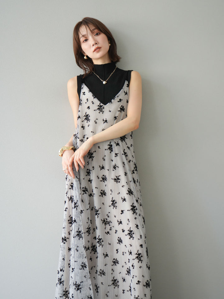 [SET]フロッキーチュールレイヤードベロアキャミワンピース+プチネックセンターシームノースリーニットトップス(2set)