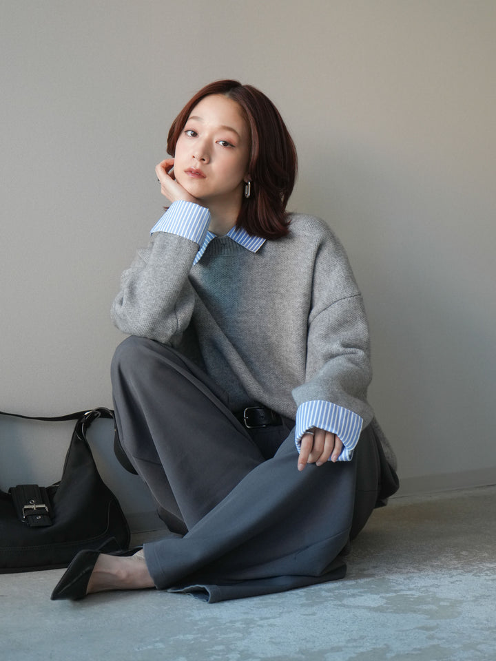 [SET]2WAYストライプ襟ニットプルオーバー+ベルトループデザインワイドパンツ(2set)