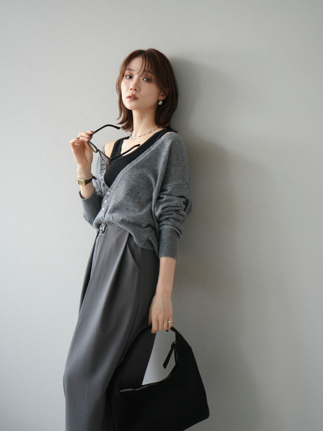 [予約]デザインボタンニットカーディガン＆タンクトップSET/グレー