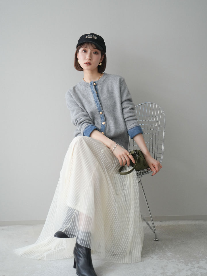 [SET]クルーネックデニムドッキングニットカーディガン+選べるアクセセット(2set)