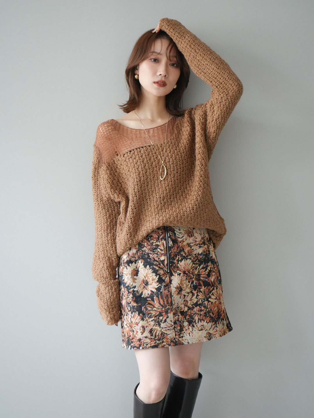 [予約]ダメージデザインニットプルオーバー/camel