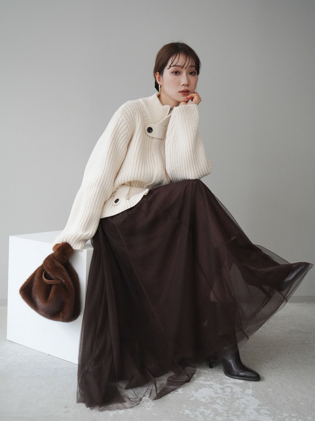 [SET]畦編みボトルネックZIPニットカーディガン+選べるアクセセット(2set)