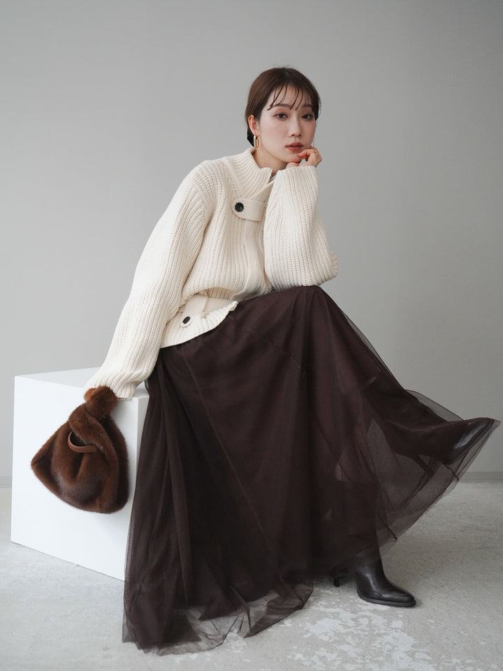 [SET]畦編みボトルネックZIPニットカーディガン+選べるアクセセット(2set)