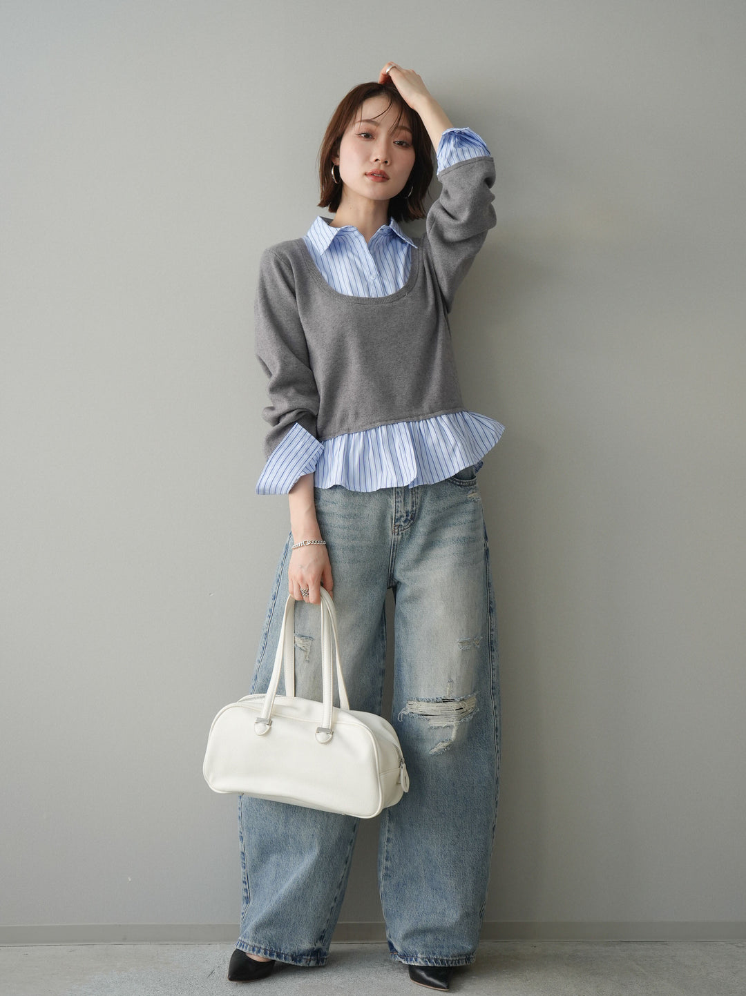 [予約]ダメージデニムセミワイドパンツ/lightblue