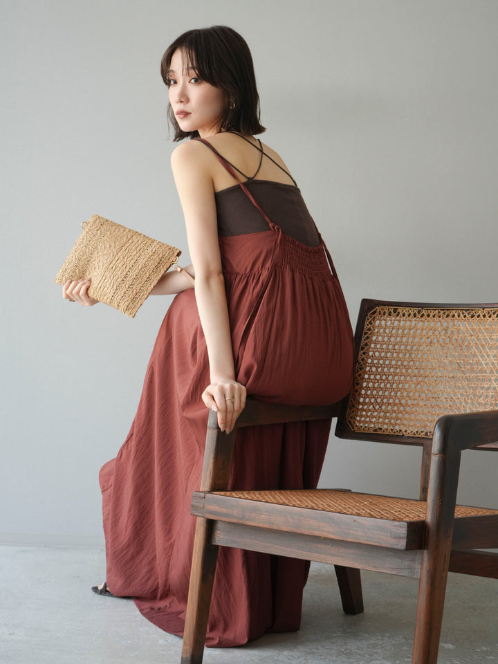 [SET]レーヨンシャーリングキャミワンピース+カップ付きバッククロスキャミソール(2set)