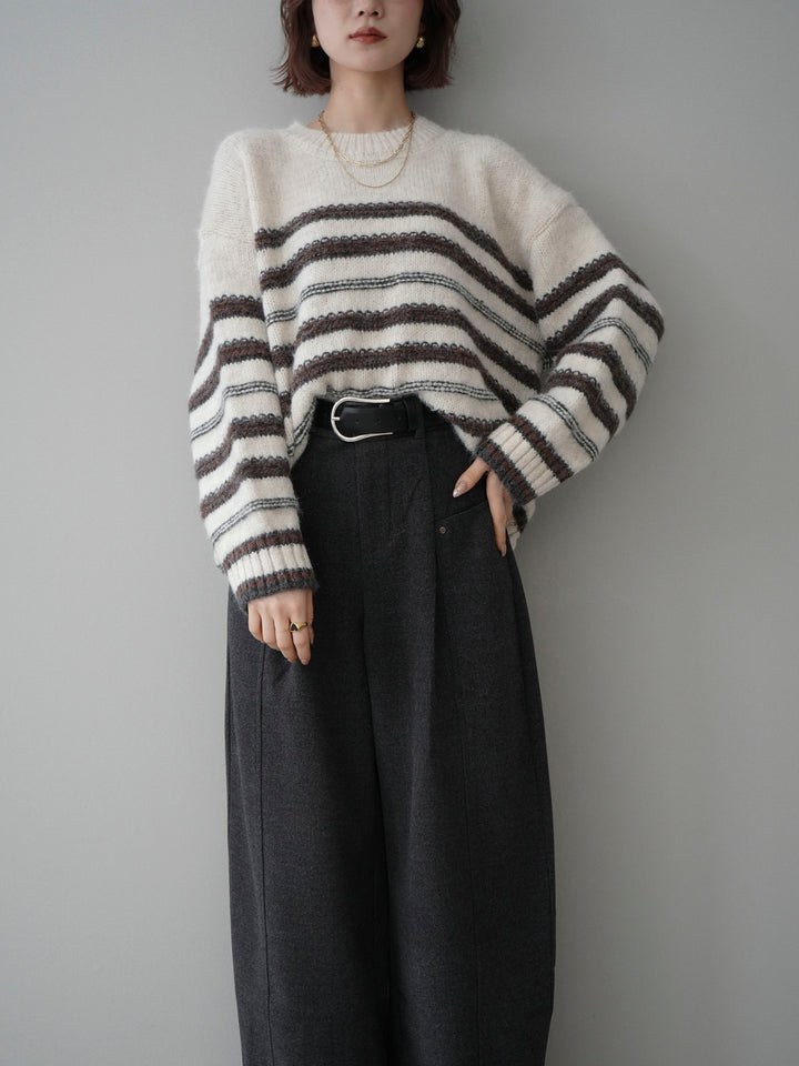 [SET]ステッチボーダーニットプルオーバー+ベルト付起毛コクーンパンツ(2set)