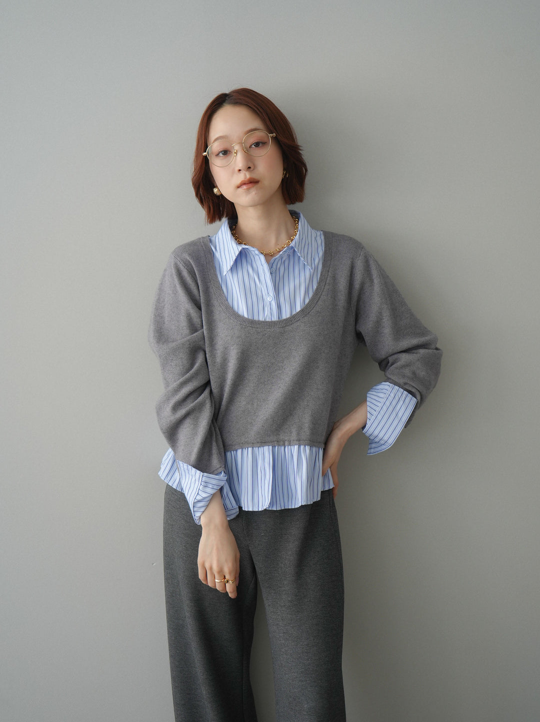 [SET]ストライプシャツUネックドッキングニットプルオーバー+イージーポンチワイドパンツ(2set)