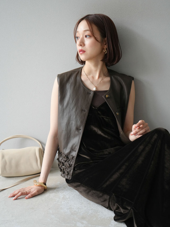 [予約]コンパクトフリルレザーベスト/ブラウン