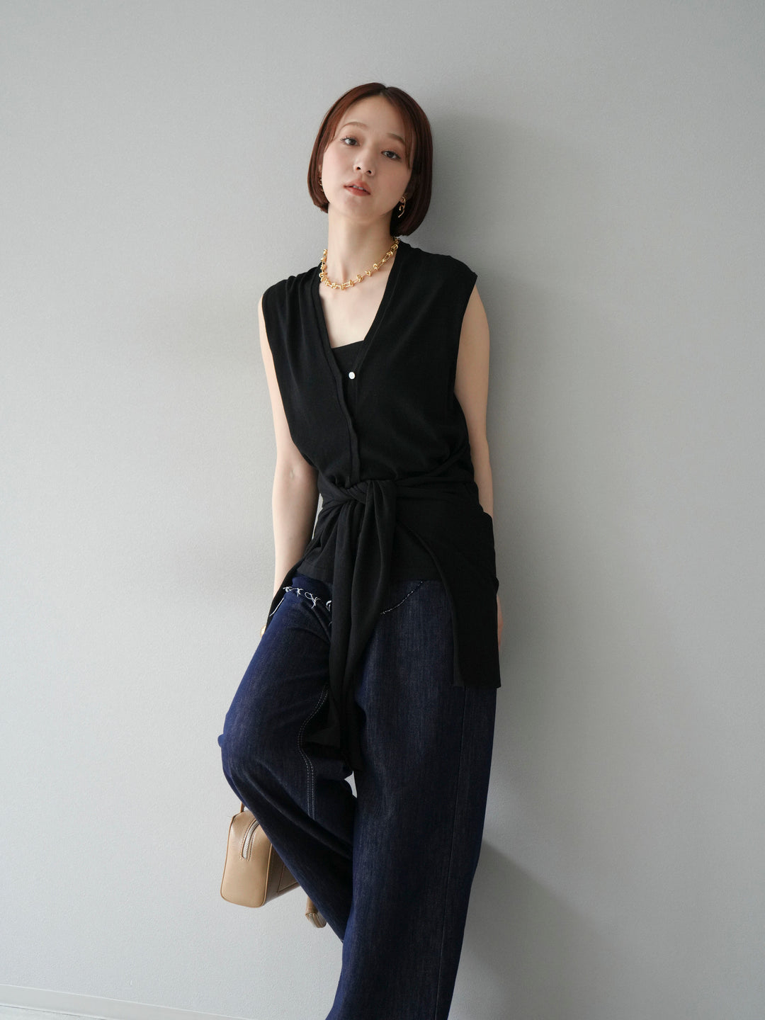 [SET]腰巻きデザインノースリーブニットカーディガン+ヒップデザインデニムパンツ(2set)