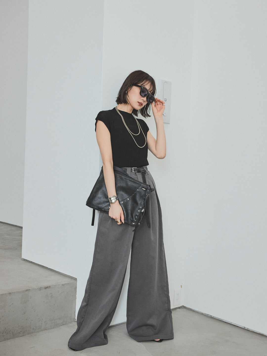 [SET] 法式袖透視針織上衣 + 亞麻觸感褶皺寬褲 (2set)