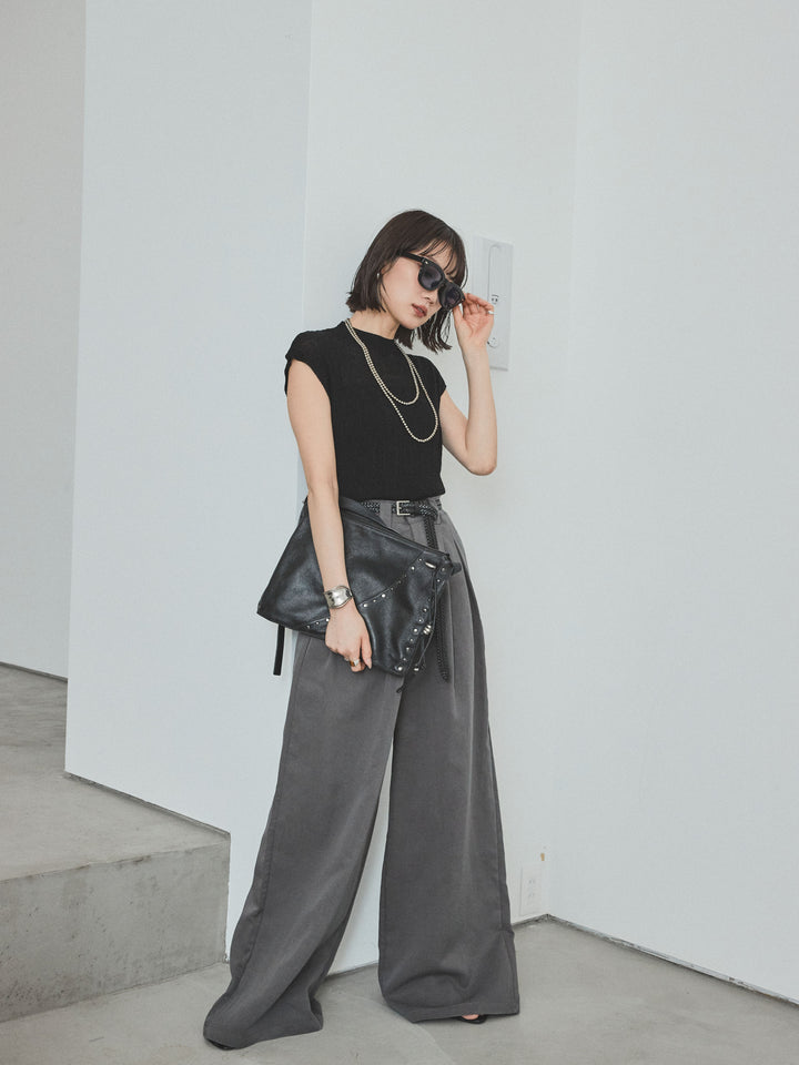 [SET] 法式袖透視針織上衣 + 亞麻觸感褶皺寬褲 (2set)