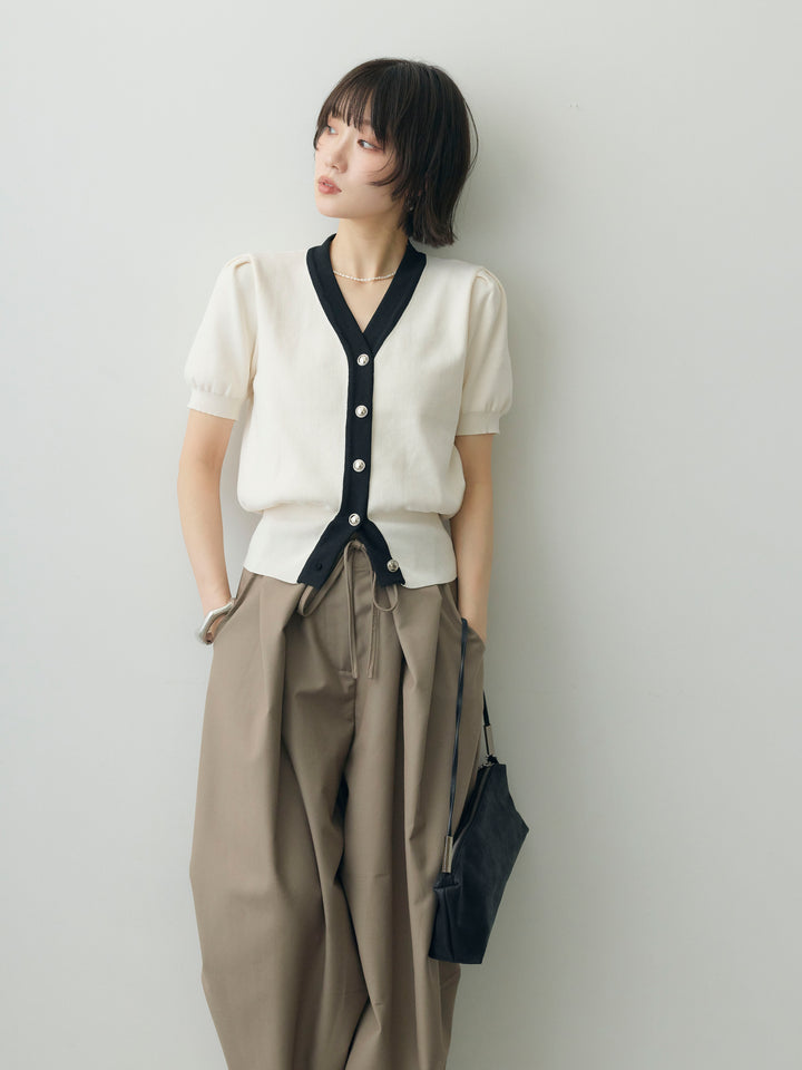 【套裝】雙色泡泡袖開襟衫+內建羅紋無肩帶吊帶背心（兩件組）