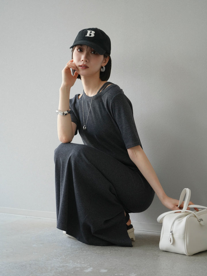 [予約]デザインネックカットリブワンピース/チャコール