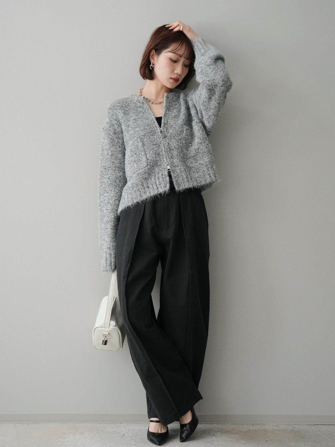 [SET]ミックスヤーンダブルZIPニットカーディガン+コットンツイルカーブパンツ(2set)