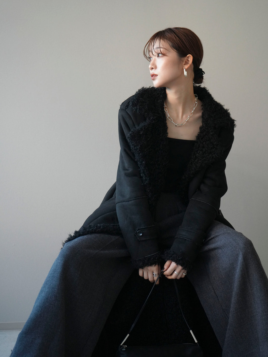 [予約]ムートンロングコート/black