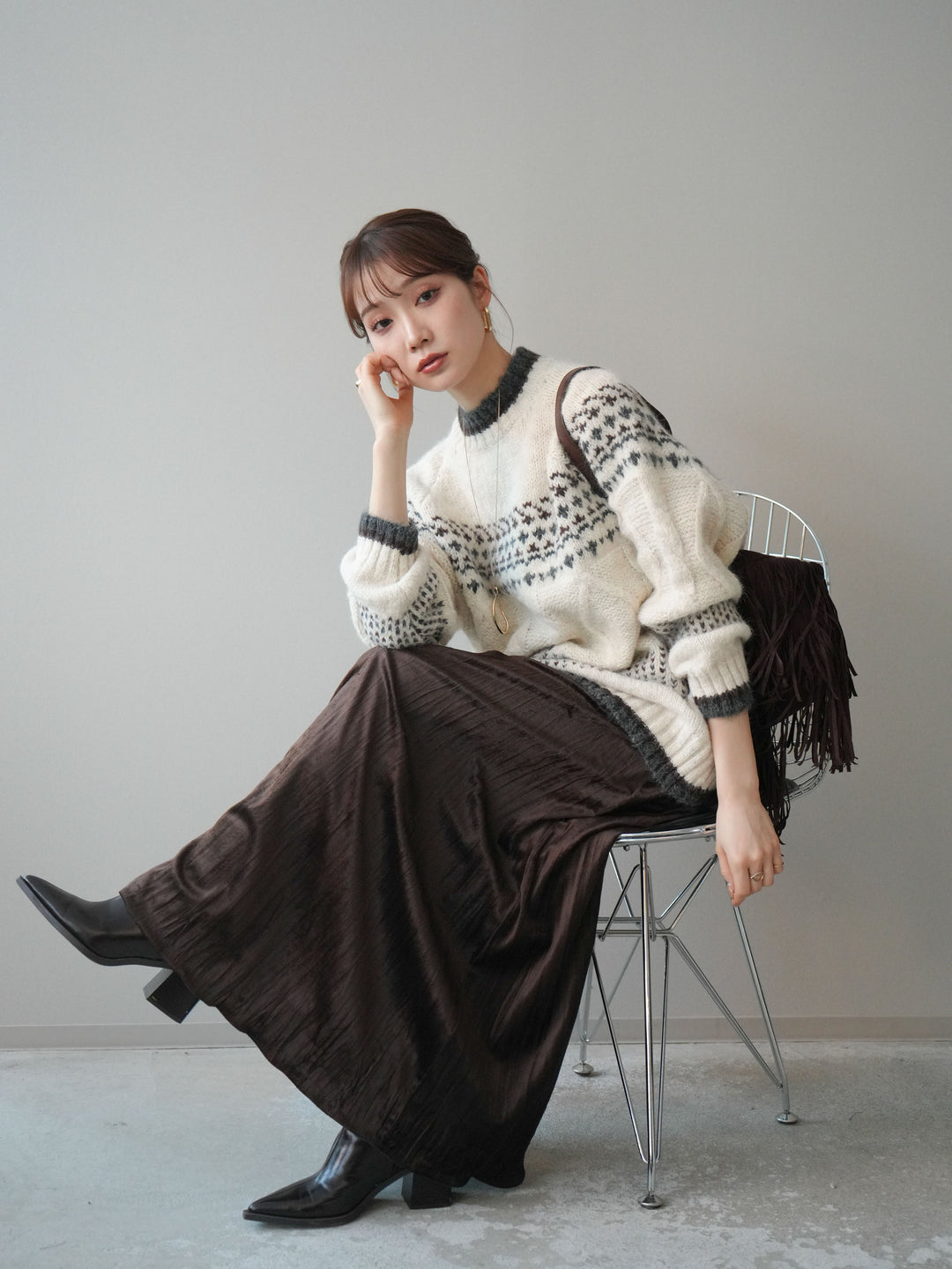 [予約]裾配色ノルディック柄ニットプルオーバー/White