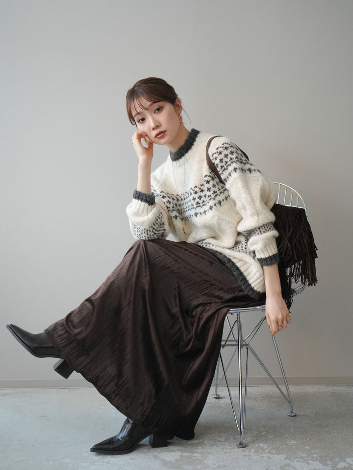 [予約]裾配色ノルディック柄ニットプルオーバー/White