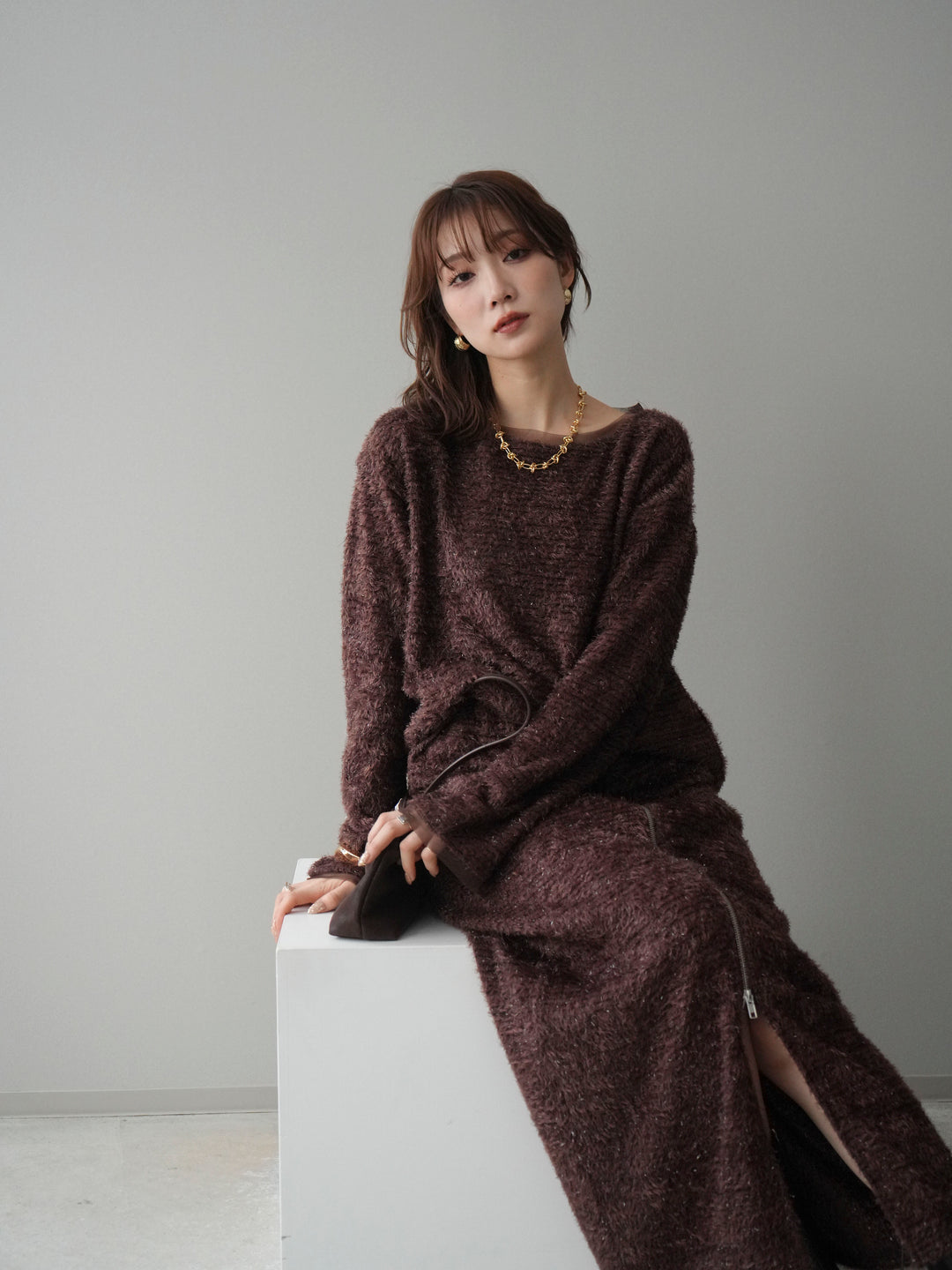 [予約]ラメシャギートップス/brown