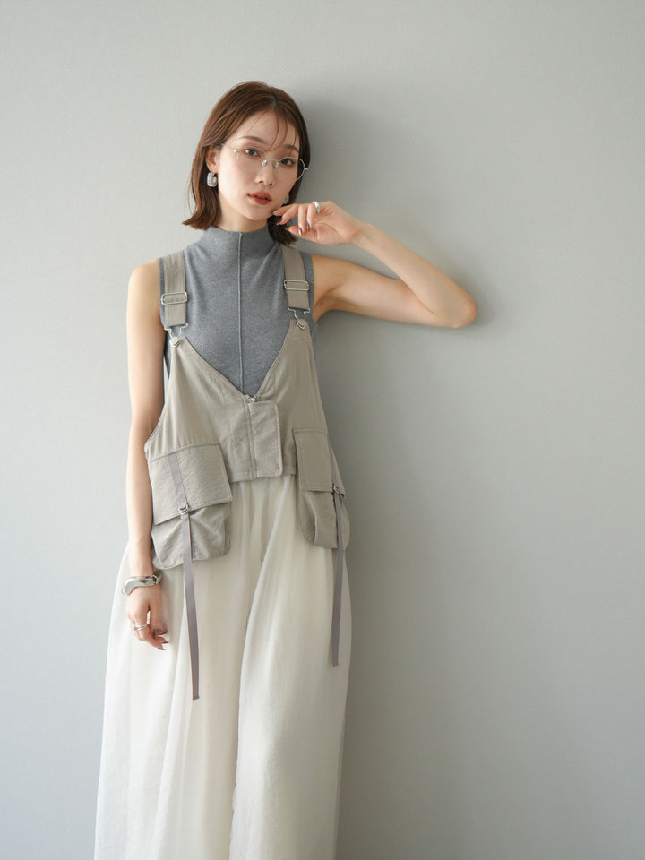 [SET] 戰術背心歐根紗洋裝 + 麻質寬鬆寬褲 (2 件套)